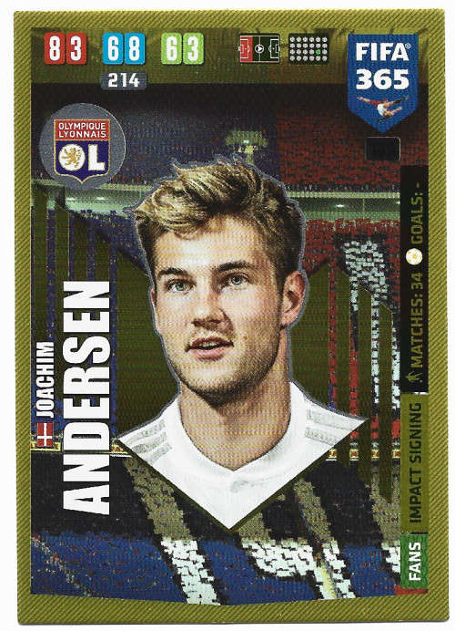 JOACHIM ANDERSEN - PANINI `FIFA 365` 2020 COLLECTION - FOIL `IMPACT SIGNING` TRADING CARD 139