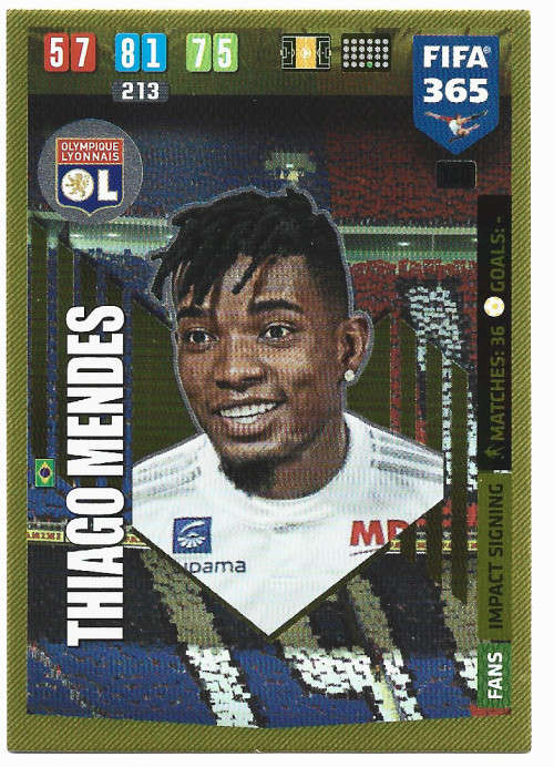 THIAGO MENDES - PANINI `FIFA 365` 2020 COLLECTION - FOIL `IMPACT SIGNING` TRADING CARD 140