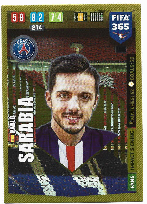 PABLO SARABIA - PANINI `FIFA 365` 2020 COLLECTION - FOIL `IMPACT SIGNING` TRADING CARD 158