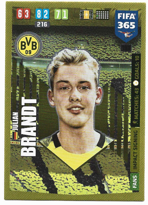 JULIAN BRANDT - PANINI `FIFA 365` 2020 COLLECTION - FOIL `IMPACT SIGNING` TRADING CARD 193