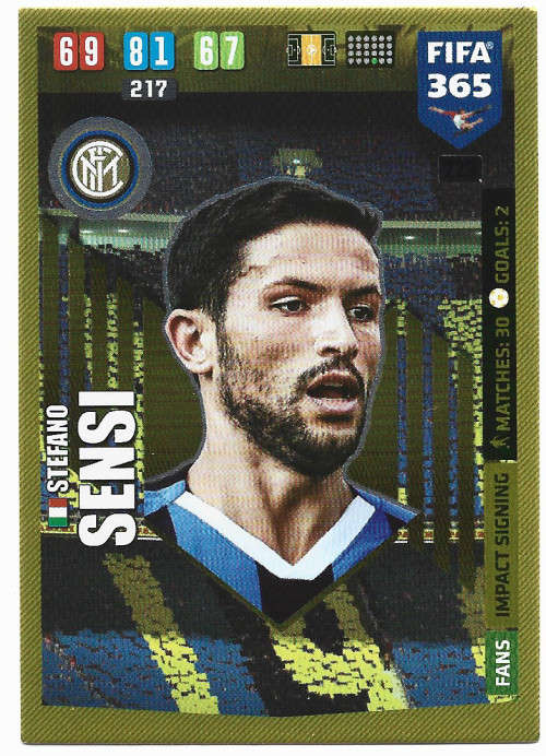 STEFANO SENSI - PANINI `FIFA 365` 2020 COLLECTION - FOIL `IMPACT SIGNING` TRADING CARD 229