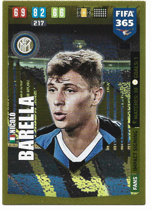 NICOLO BARELLA - PANINI `FIFA 365` 2020 COLLECTION - FOIL `IMPACT SIGNING` TRADING CARD 230