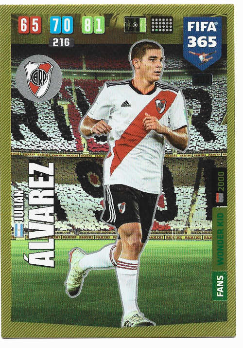 JULIAN ALVAREZ - PANINI `FIFA 365` 2020 COLLECTION - `ROOKIE` FOIL `WONDER KID` TRADING CARD 303