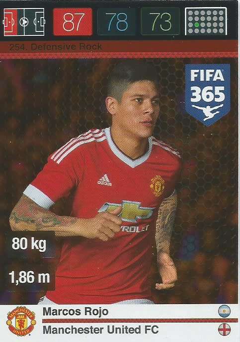 MARCOS ROJO - PANINI `FIFA 365` 2016 COLLECTION - FOIL  `DEFENSIVE ROCK` TRADING CARD 254