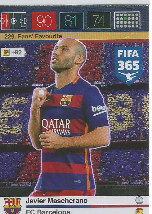 JAVIER MASCHERANO - PANINI `FIFA 365` 2016 COLLECTION - FOIL  `FANS FAVOURITE` TRADING CARD 229