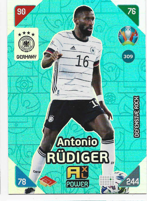 ANTONIO RUDIGER - PANINI  `EURO 2020 KICK OFF` - BLUE FOIL `DEFENSIVE ROCK` TRADING CARD 309