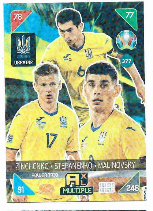 UKRAINE - PANINI  `EURO 2020 KICK OFF` -  FOIL `POWER TRIO` TRADING CARD 377
