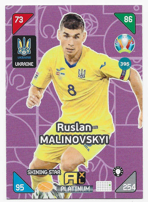 RUSLAN MALINOVSKYI - EURO 2020 - `PANINI EURO 2020` - MAUVE FOIL `SHINNING STAR` TRADING CARD 395