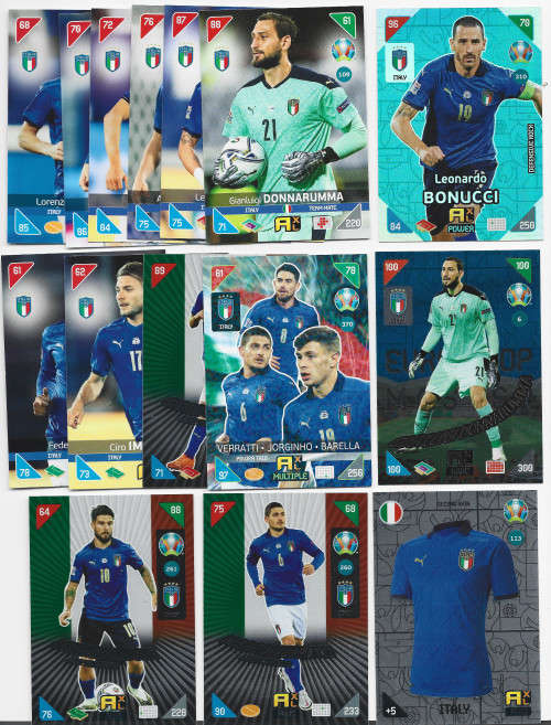 ITALY `EURO 2020 CHAMPIONS` - PANINI EURO 2020 COLLECTION - SET of 15 `BASE and FOIL` TRADING CARDS