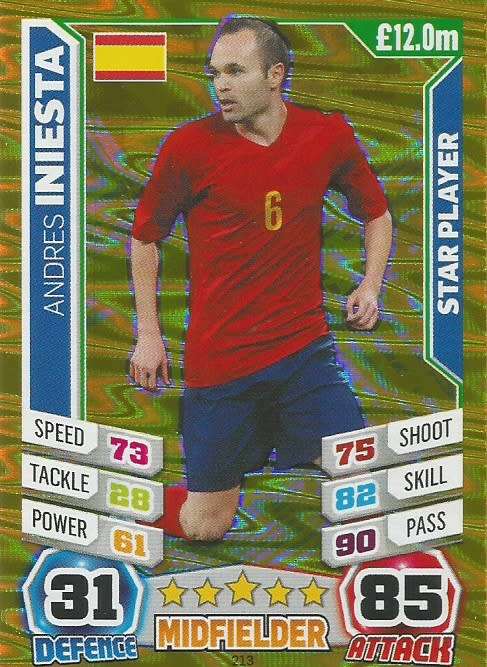ANDRES INIESTA - TOPPS `MATCH ATTAX WORLD CUP 2014` BRAZIL - FOIL `STAR PLAYER` TRADING CARD