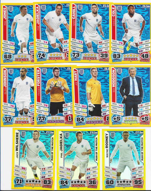 ENGLAND  - TOPPS `MATCH ATTAX WORLD CUP 2014` BRAZIL - TEAM SET of 32 `FOIL and BASE` TRADING CARDS