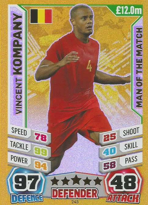 VINCENT KOMPANY - TOPPS `MATCH ATTAX WORLD CUP 2014` BRAZIL - FOIL `MAN of the MATCH` TRADING CARD