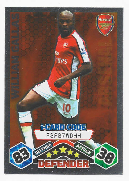 WILLIAM GALLAS (ARSENAL FC) - TOPPS `MATCH ATTAX EXTRA` 2009/2010 - FOIL `I CARD` TRADING CARD