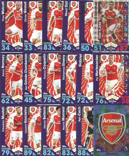 ARSENAL FC - TOPPS `MATCH ATTAX EPL` 2016/ 2017 - COMPLETE TEAM of 30 TRADING CARDS - Incl. FOILS