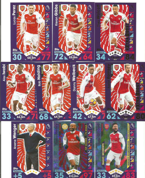 ARSENAL FC - TOPPS `MATCH ATTAX EPL` 2016/ 2017 - COMPLETE TEAM of 30 TRADING CARDS - Incl. FOILS