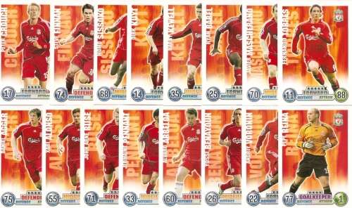 LIVERPOOL FC - TOPPS `MATCH ATTAX EPL` 2007/08 - COMPLETE 16 `BASE` TRADING CARD SET