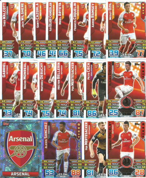 ARSENAL FC - TOPPS `MATCH ATTAX EPL` 2015/2016 - COMPLETE 20 TRADING CARD SET - Incl. FOILS