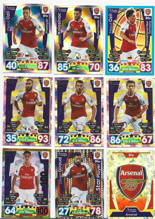 ARSENAL FC - TOPPS `MATCH ATTAX` 2017/2018 - COMPLETE SET of 27 TRADING CARDS - FOILS INCLUDED