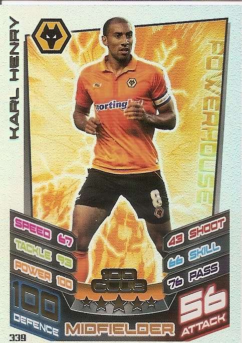 KARL HENRY (Wolves) - TOPPS `MATCH ATTAX CHAMPIONSHIPS` 2012/13 - RARE `CLUB 100` CARD