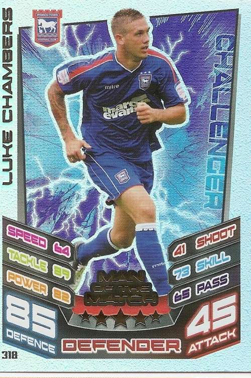 LUKE CHAMBERS (Ipswish Town) - TOPPS `MATCH ATTAX CHAMPIONSHIPS` 2012/13 - FOIL `MAN of  MATCH` CARD