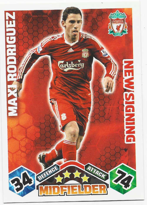 MAXI RODRIGUEZ (Liverpool FC) - TOPPS `MATCH ATTAX` EXTRA 2009/10 - `NEW SIGNING` TRADING CARD