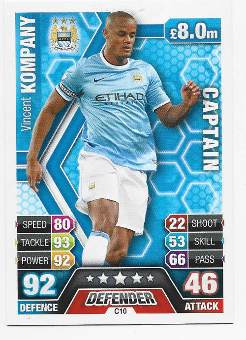 VINCENT KOMPANY - TOPPS `MATCH ATTAX` 2013/2014 - `CAPTAIN` TRADING CARD C10 UK