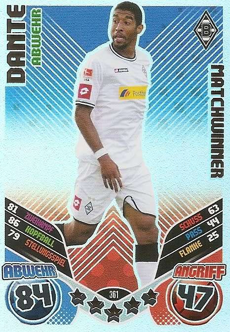 DANTE  - TOPPS `MATCH ATTAX BUNDESLIGA` 2011/12 - FOIL `MATCHWINNER` TRADING CARD