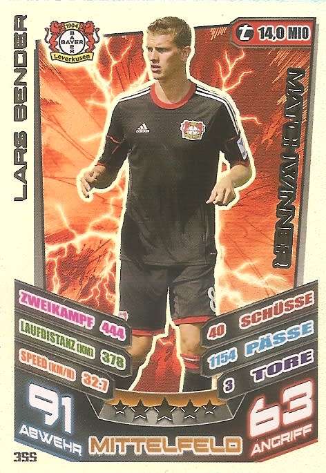 LARS BENDER  - TOPPS `MATCH ATTAX BUNDESLIGA` 2013/14 - FOIL `MATCHWINNER` TRADING CARD