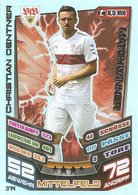 CHRISTIAN GENTNER  - TOPPS `MATCH ATTAX BUNDESLIGA` 2013/14 - FOIL `MATCHWINNER` TRADING CARD