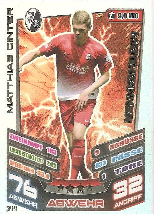 MATTHIAS GINTER  - TOPPS `MATCH ATTAX BUNDESLIGA` 2013/14 - FOIL `MATCHWINNER` TRADING CARD