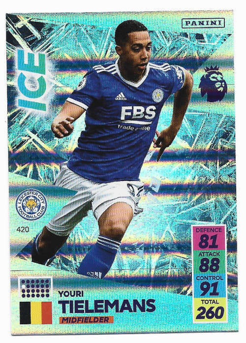 YOURI TIELEMANS - PANINI Adrenalyn EPL 2021/2022 - FOIL `ICE` TRADING CARD 420