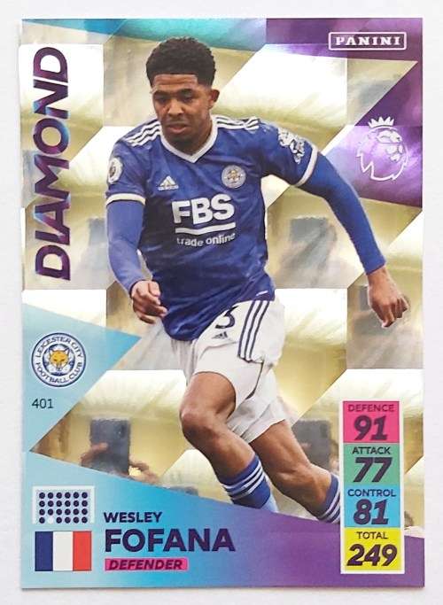 WESLEY FOFANA - PANINI Adrenalyn EPL 2021/2022 - PLATINUM FOIL `DIAMOND` TRADING CARD 401