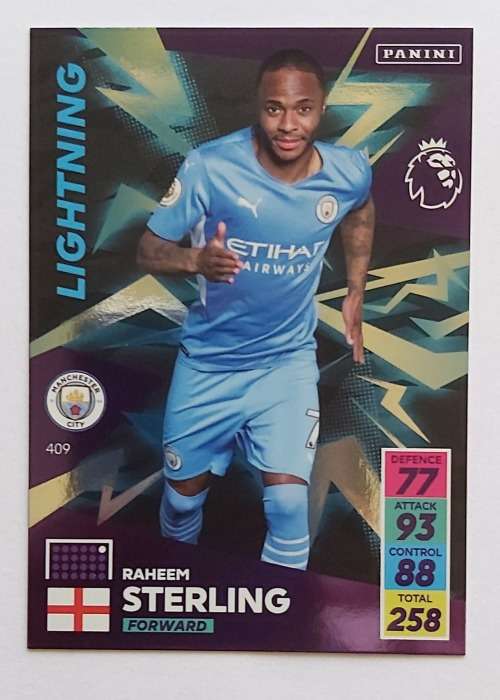 RAHEEM STERLING - PANINI Adrenalyn EPL 2021/2022 - FOIL `LIGHTNING` TRADING CARD 409