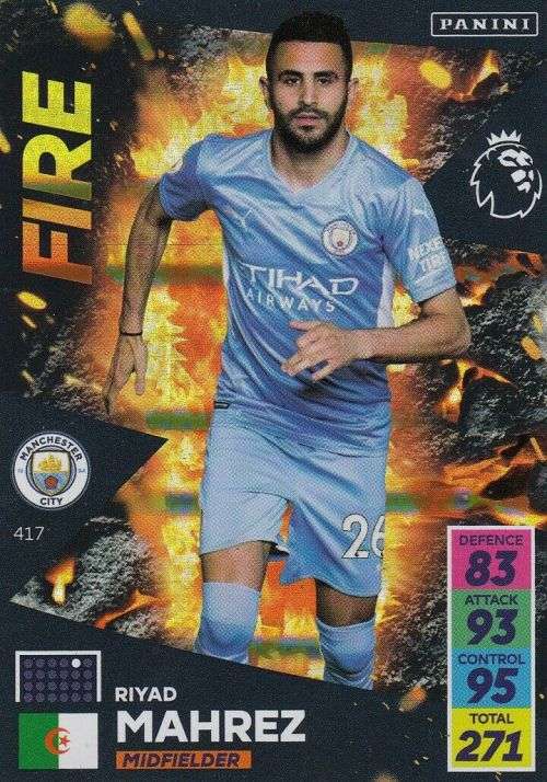 RIYAD MAHREZ - PANINI Adrenalyn EPL 2021/2022 - FOIL `FIRE` TRADING CARD 417