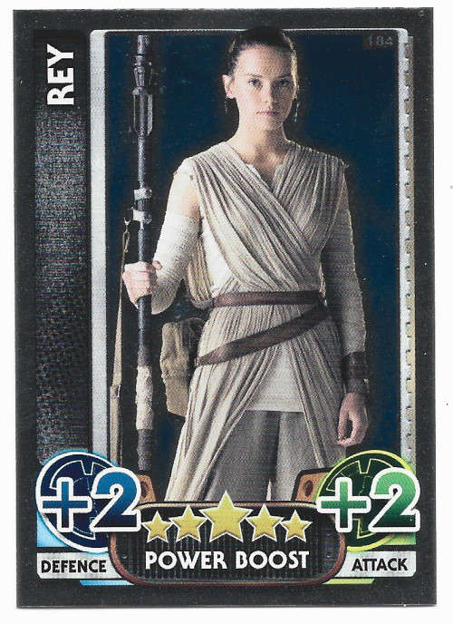 REY - TOPPS `STAR WARS FORCE ATTAX` 2015/16 - FOIL `POWER BOOST` TRADING CARD 184