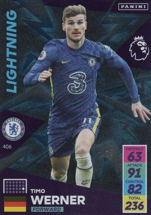 TIMO WERNER - PANINI Adrenalyn EPL 2021/2022 - FOIL `LIGHTNING` TRADING CARD 406