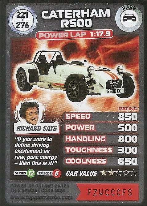 CATERHAM R500 - `BBC` TOP GEAR TURBO CHALLENGE  - `RARE` TRADING CARD 221