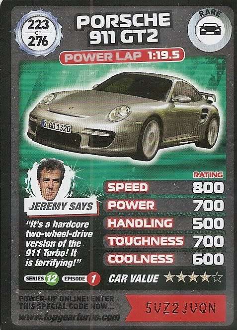 PORCHE 911 GT2 - `BBC` TOP GEAR TURBO CHALLENGE  - `RARE` TRADING CARD 223