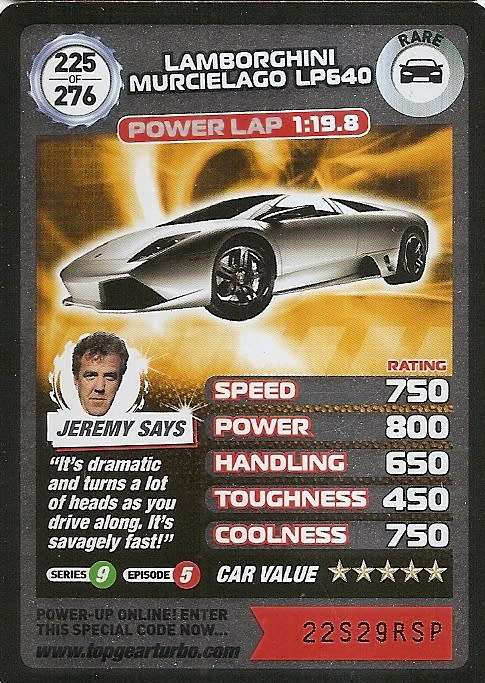 LAMBORGHINI MURCIELAGO LP640  - `BBC` TOP GEAR TURBO CHALLENGE  - `RARE` TRADING CARD 225