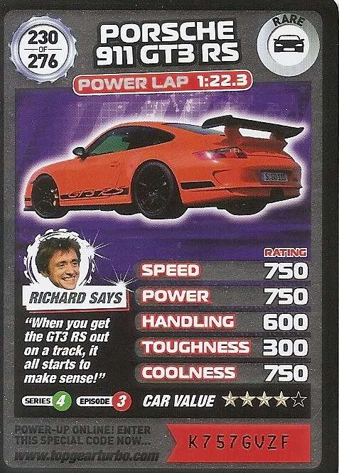 PORCHE 911 GT3 RS  - `BBC` TOP GEAR TURBO CHALLENGE  - `RARE` TRADING CARD 230