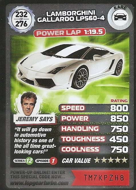 LAMBORHINI GALLARDO LP560  - `BBC` TOP GEAR TURBO CHALLENGE  - `RARE` TRADING CARD 232