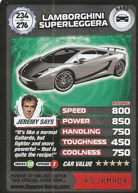 LANBORGHINI SUPERLEGGERA  - `BBC` TOP GEAR TURBO CHALLENGE  - `RARE` TRADING CARD 234