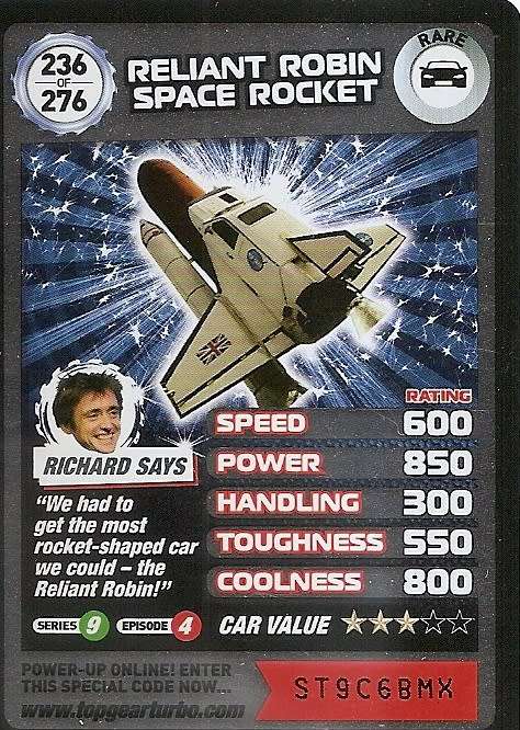 RELIANT ROBIN SPACE ROCKET - `BBC` TOP GEAR TURBO CHALLENGE  - `RARE` TRADING CARD 236