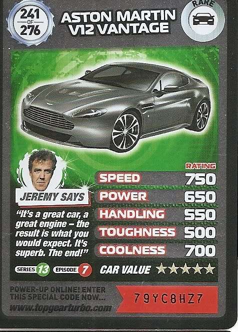 ASTON MARTIN VANTAGE V12 - `BBC` TOP GEAR TURBO CHALLENGE  - `RARE` TRADING CARD 241