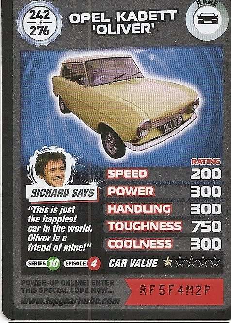 OPEL KADETT `OLIVIER` - `BBC` TOP GEAR TURBO CHALLENGE  - `RARE` TRADING CARD 242