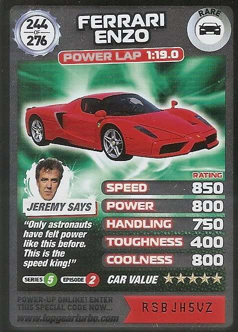 FERRARI ENZO - `BBC` TOP GEAR TURBO CHALLENGE  - `RARE` TRADING CARD 244