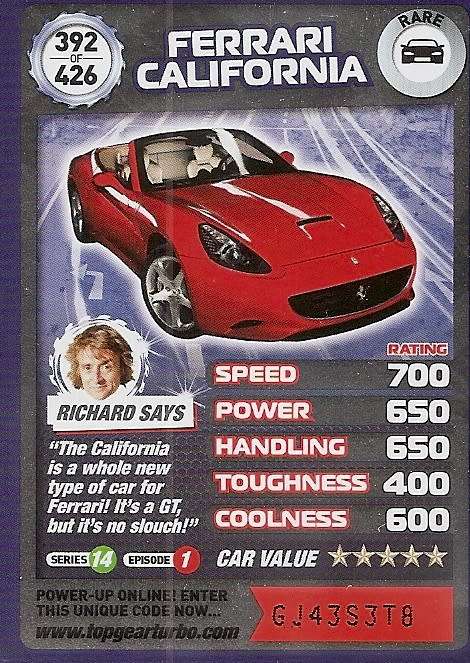 FERRARI CALIFORNIA - `BBC` TOP GEAR TURBO CHALLENGE `EXTRA`  - `RARE` TRADING CARD 392