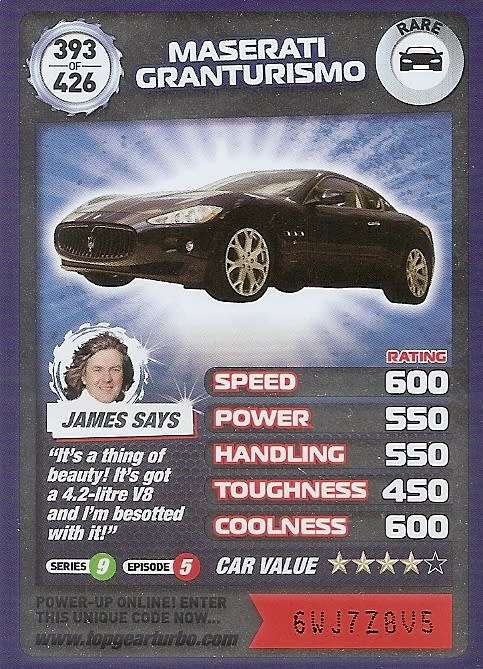 MASERATI GRANTURISMO - `BBC` TOP GEAR TURBO CHALLENGE `EXTRA`  - `RARE` TRADING CARD 393