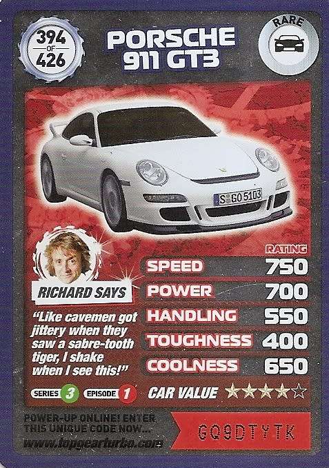 PORCHE 911 GT3 - `BBC` TOP GEAR TURBO CHALLENGE `EXTRA`  - `RARE` TRADING CARD 394