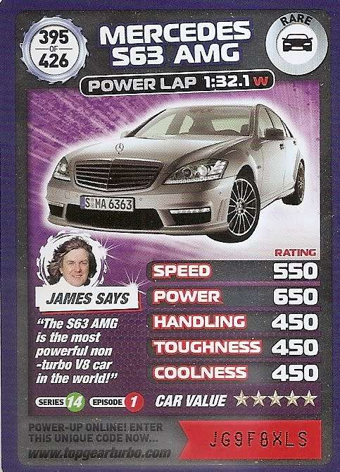 MERCEDES S63 AMG - `BBC` TOP GEAR TURBO CHALLENGE `EXTRA`  - `RARE` TRADING CARD 395
